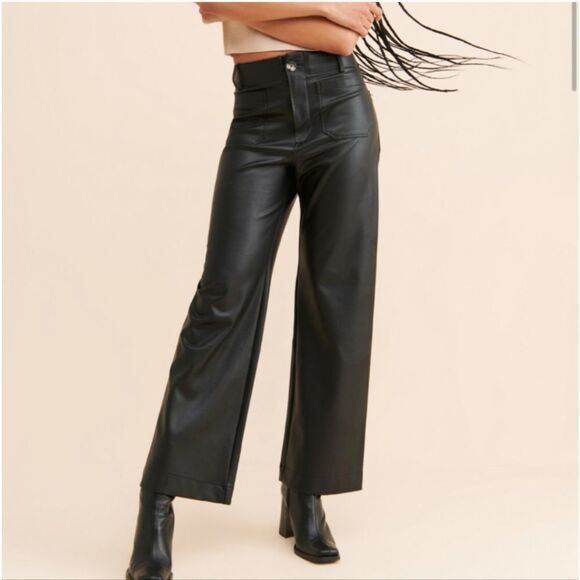 Anthropologie Maeve the Colette Cropped Wide-Leg Faux Leather Pants Black Sz 31 - Picture 2 of 7